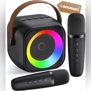 Mini Karaoke Machine, Portable Bluetooth Speaker with 2 Wireless Microphones
